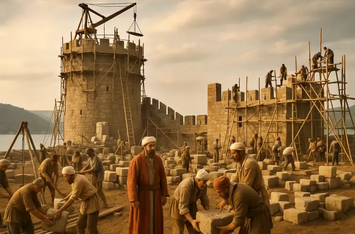 1452’de II. Mehmet’in emriyle inşa edilen Rumeli Hisarı’nın yapım sürecini gösteren, işçilerin ve komutanların kule inşasında çalıştığı tarihsel canlandırma.